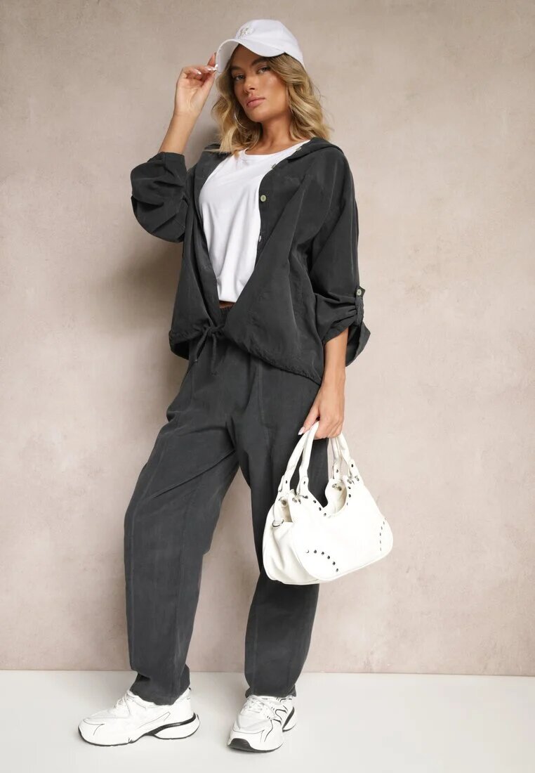 palma Pantaloni De bumbac Gri închis High Waist în stil clasic Arivora