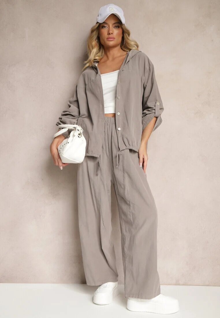 palma Pantaloni Gri din Bumbac talie înaltă croială largă Velili