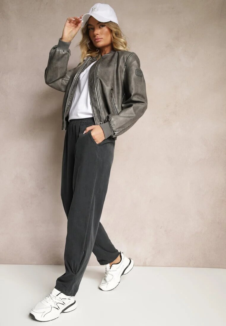palma Pantaloni Gri închis din Bumbac High Waist Galili