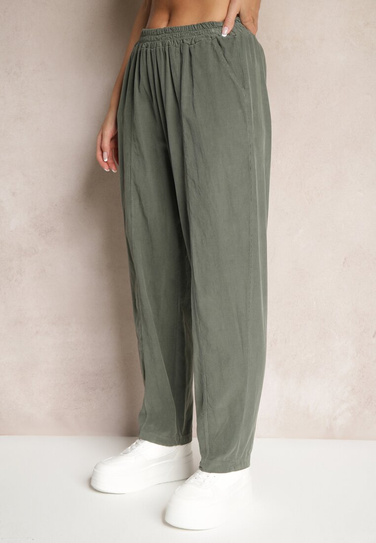 palma Pantaloni verde închis din bumbac High Waist în stil clasic Arivora