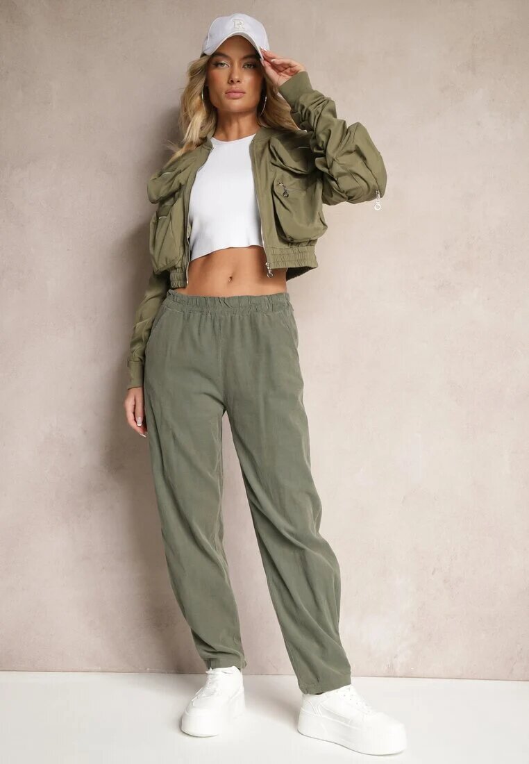 palma Pantaloni Verzi închis din bumbac High Waist Galili