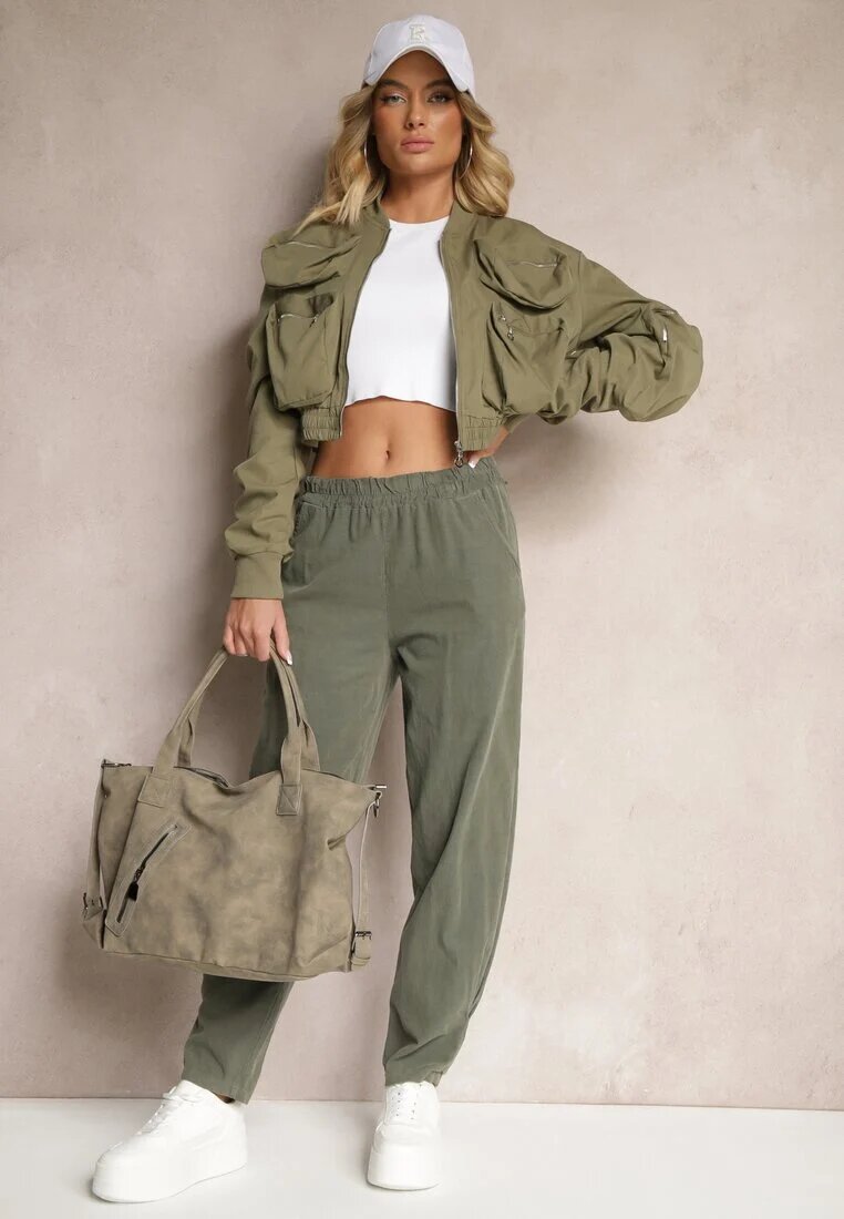 palma Pantaloni Verzi închis din bumbac High Waist Galili