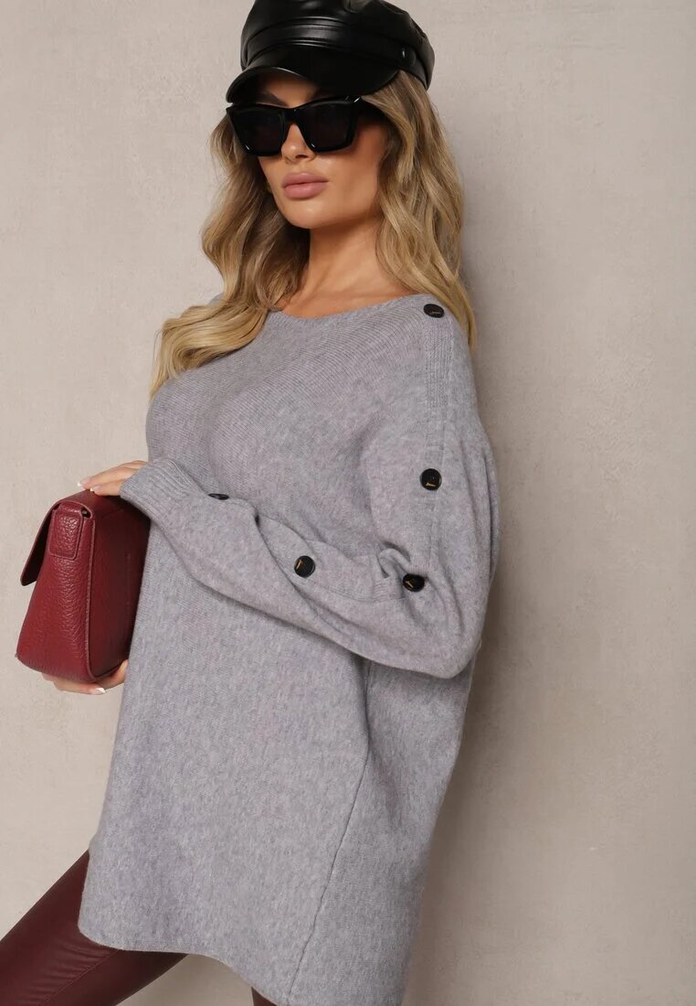 palma Pulover Gri cu Viscoză și Bumbac Decorat cu Nasturi Ciavonne