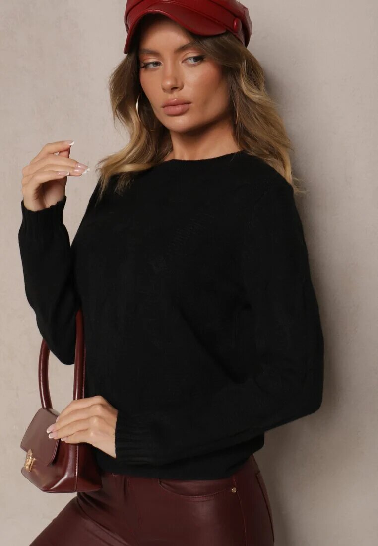 palma Pulover Negru din Vâscoză și Bumbac și cu Model Reliefat Zeiatha
