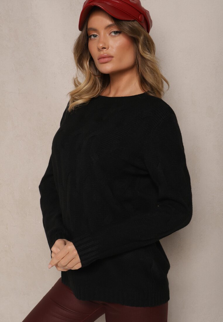 palma Pulover Negru din Vâscoză și Bumbac și cu Model Reliefat Zeiatha
