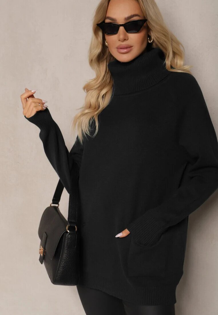 palma Pulover pe gât Casual Negru cu amestec de viscoză decorat cu buzunare mici Viasya