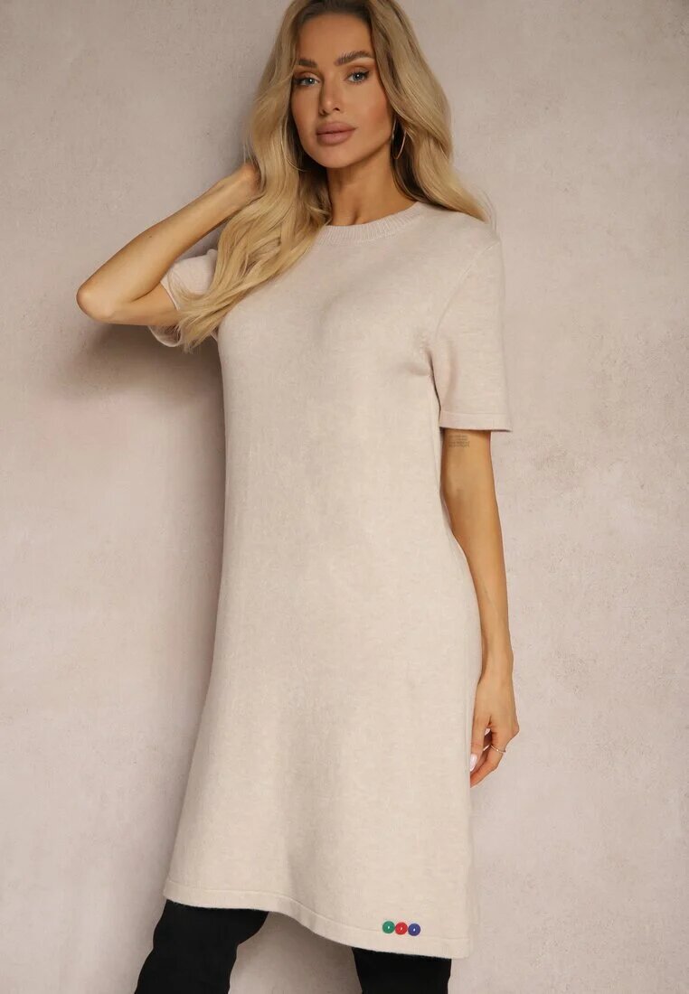 palma Rochie Bej Tip T-shirt din Tricot de Viscoză cu Nasturi Decorativi Narossa