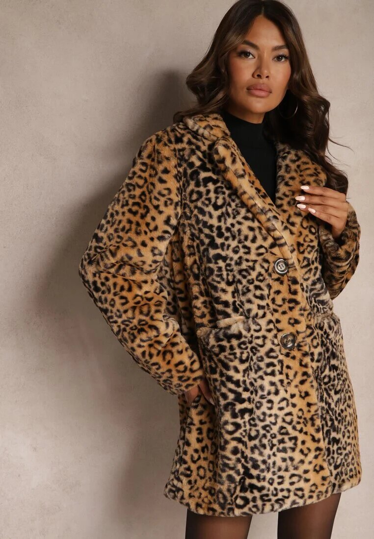  Palton Bej De Blană cu imprimeu leopard monopet cu buzunare Lorenciah