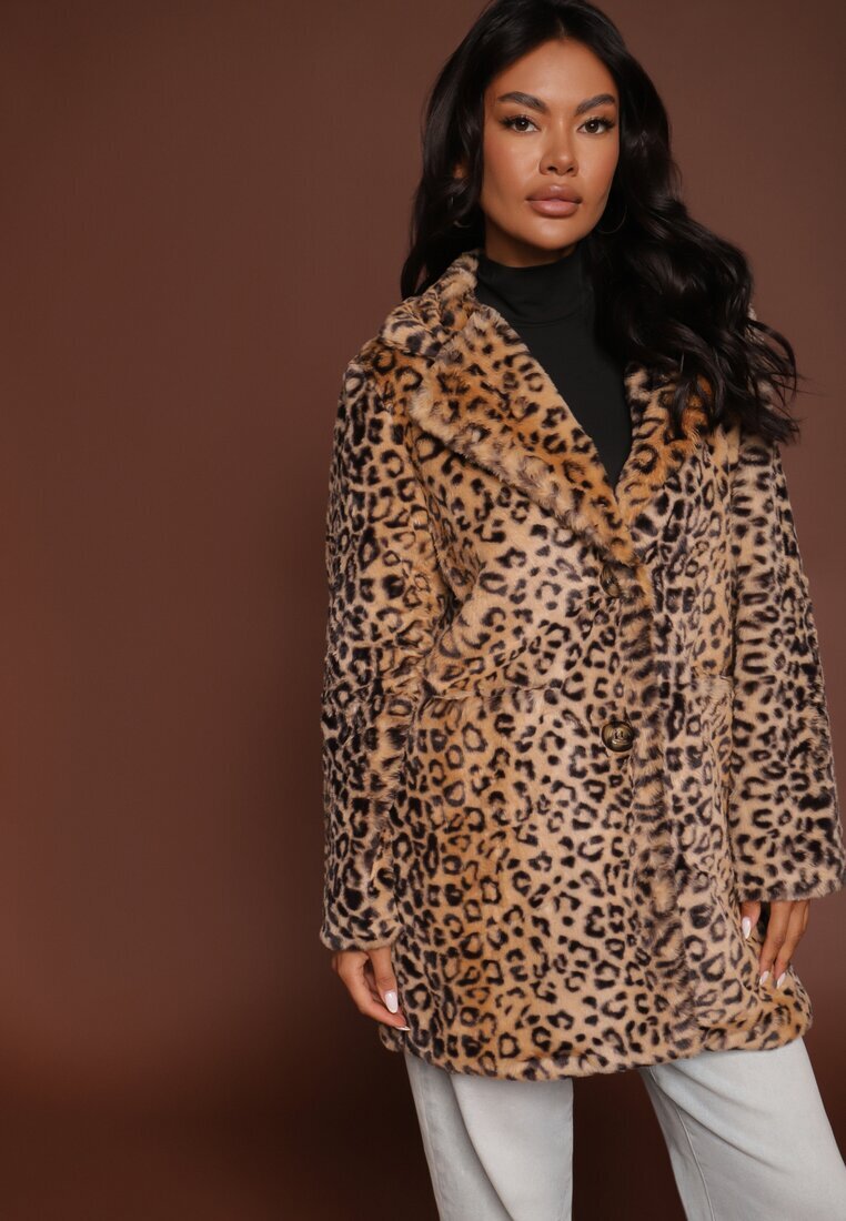  Palton Bej De Blană cu imprimeu leopard monopet cu buzunare Lorenciah