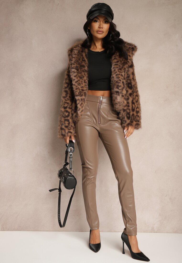  Pantaloni Bej High Waist din Piele Ecologică cu Fermoar Decorativ și Căptușite Ilanilith