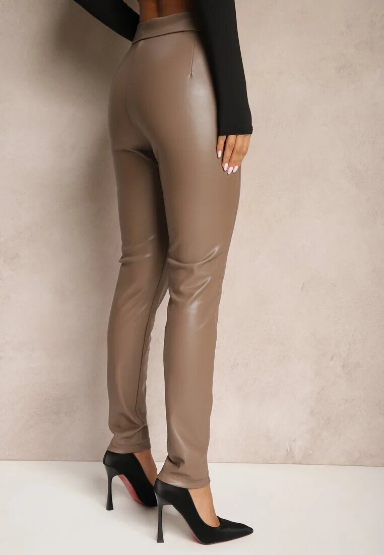  Pantaloni Bej High Waist din Piele Ecologică cu Fermoar Decorativ și Căptușite Ilanilith