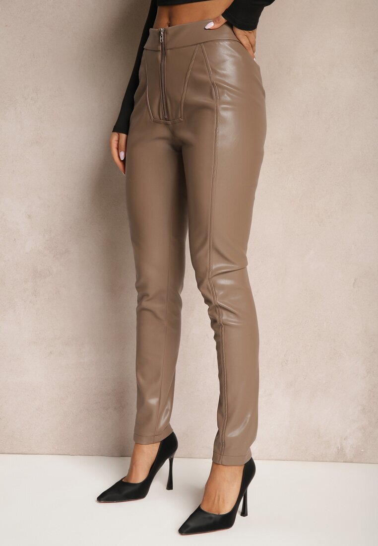  Pantaloni Bej High Waist din Piele Ecologică cu Fermoar Decorativ și Căptușite Ilanilith