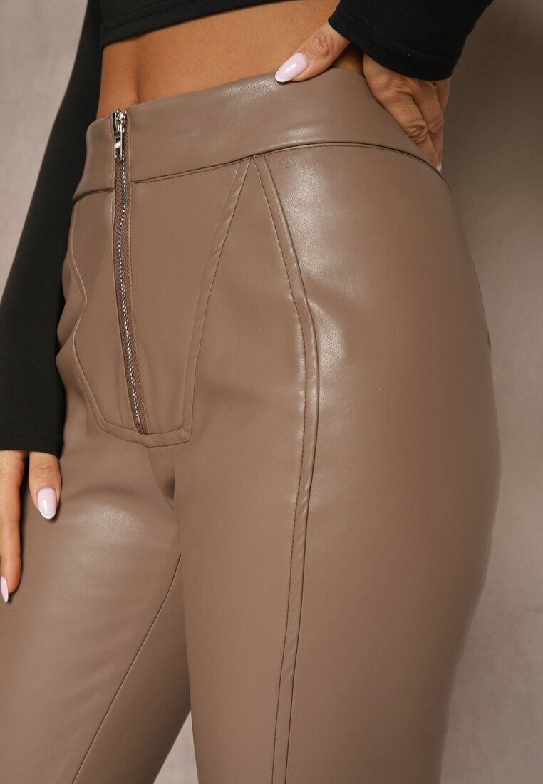  Pantaloni Bej High Waist din Piele Ecologică cu Fermoar Decorativ și Căptușite Ilanilith