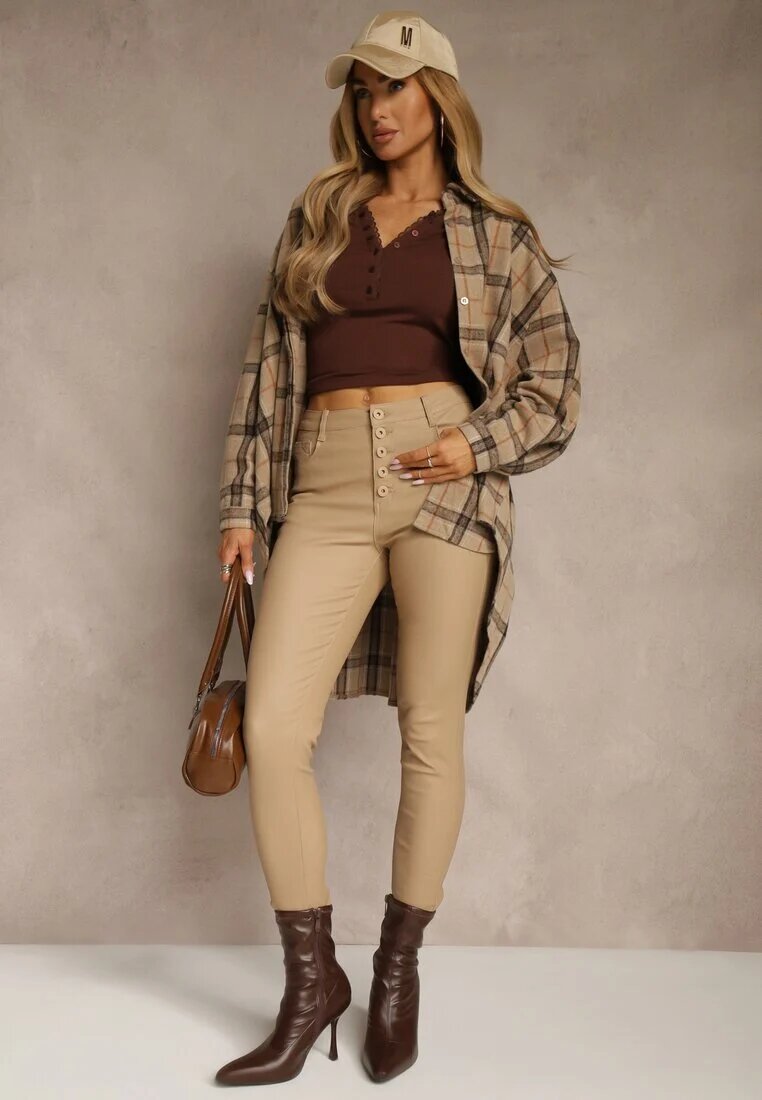  Pantaloni bej închis modelatori din piele ecologică cu croială Skinny Caetana