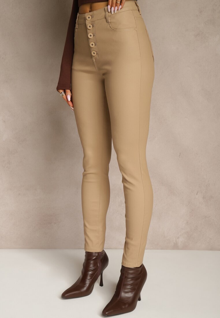  Pantaloni bej închis modelatori din piele ecologică cu croială Skinny Caetana