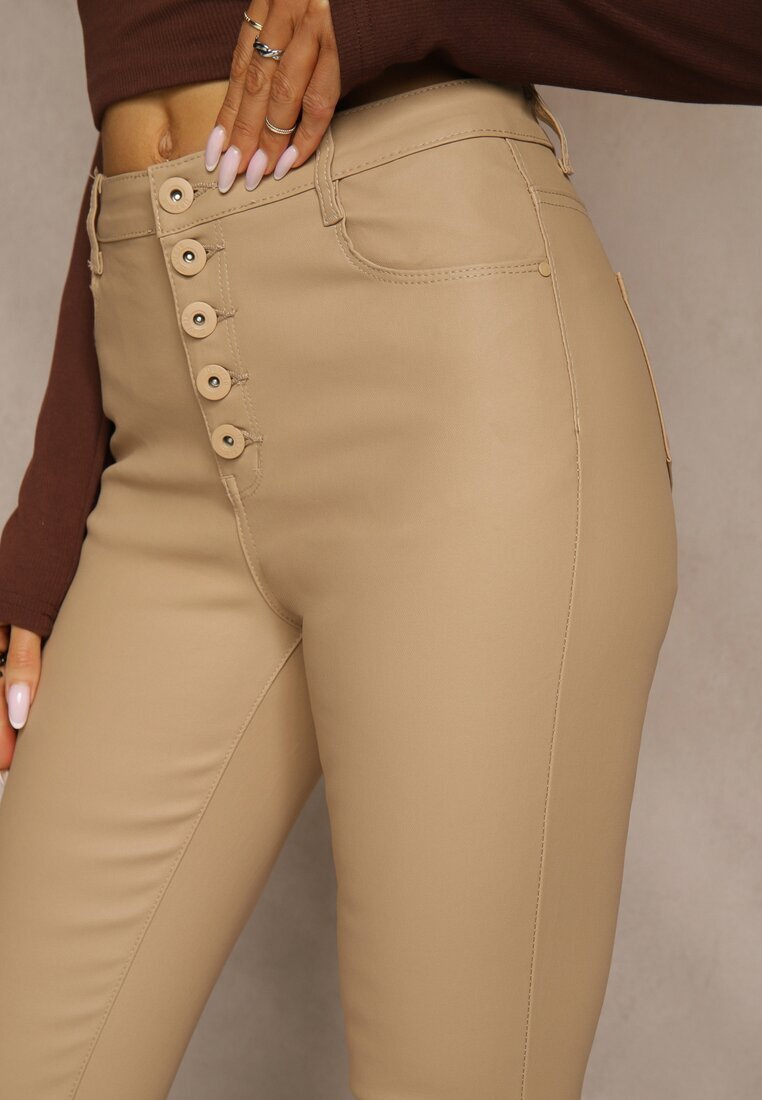  Pantaloni bej închis modelatori din piele ecologică cu croială Skinny Caetana