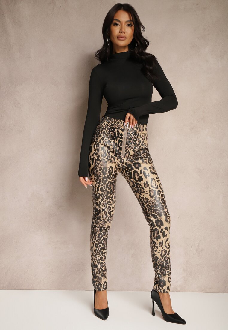  Pantaloni Bej-Negru leopard cu talie înaltă din piele ecologică cu fermoar decorativ și căptușeală Ilanilith