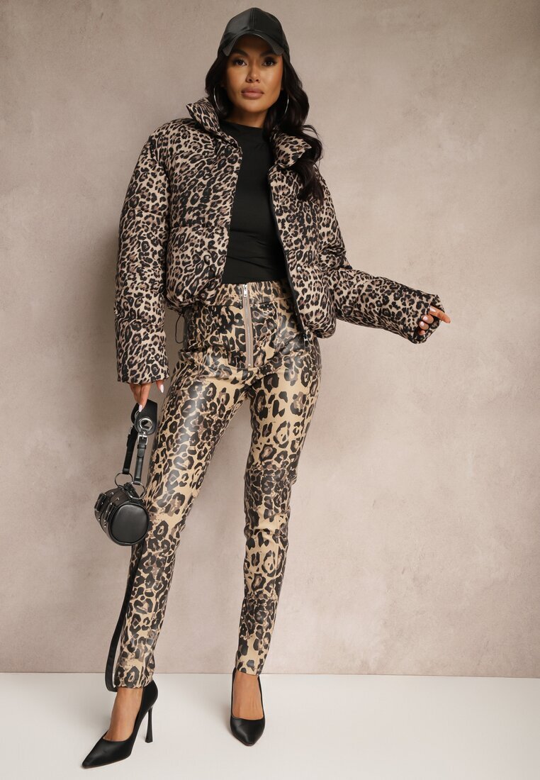  Pantaloni Bej-Negru leopard cu talie înaltă din piele ecologică cu fermoar decorativ și căptușeală Ilanilith