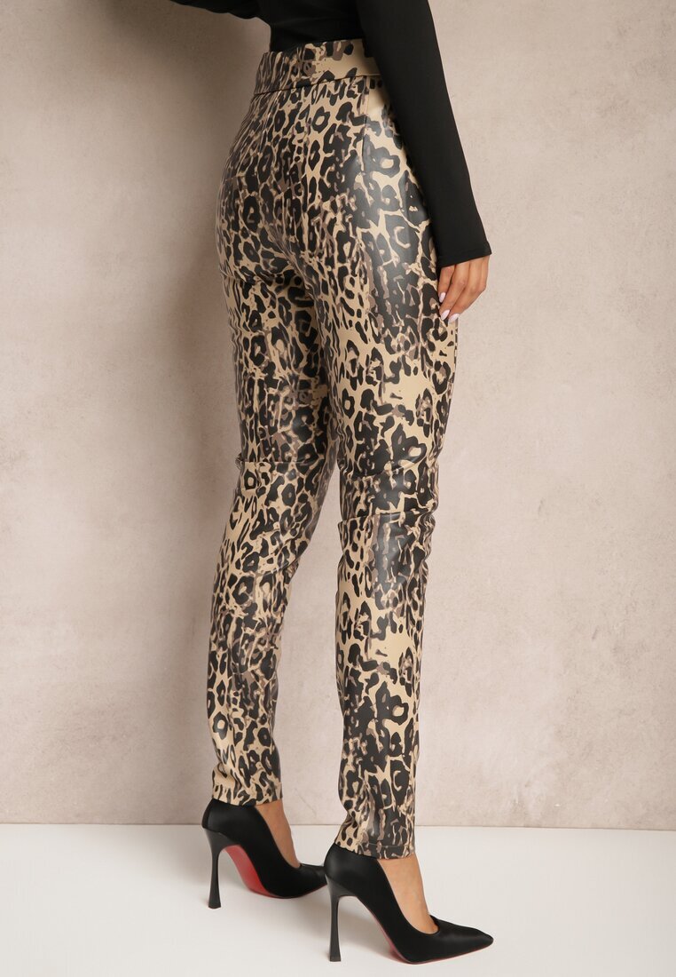  Pantaloni Bej-Negru leopard cu talie înaltă din piele ecologică cu fermoar decorativ și căptușeală Ilanilith