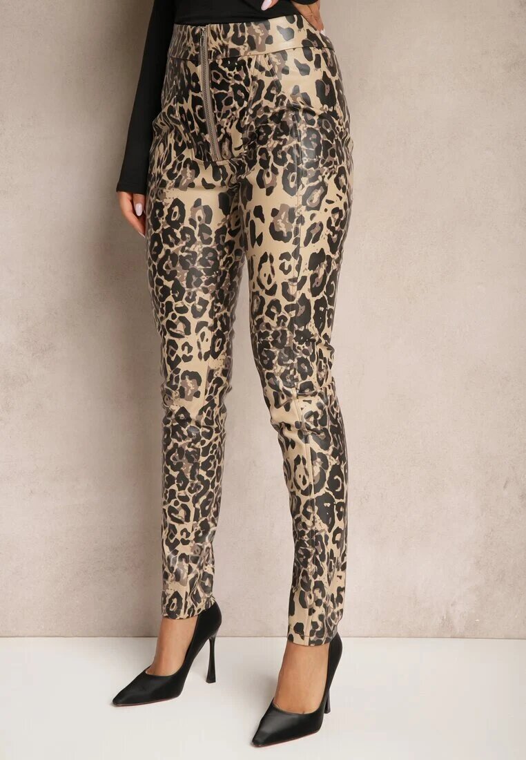  Pantaloni Bej-Negru leopard cu talie înaltă din piele ecologică cu fermoar decorativ și căptușeală Ilanilith