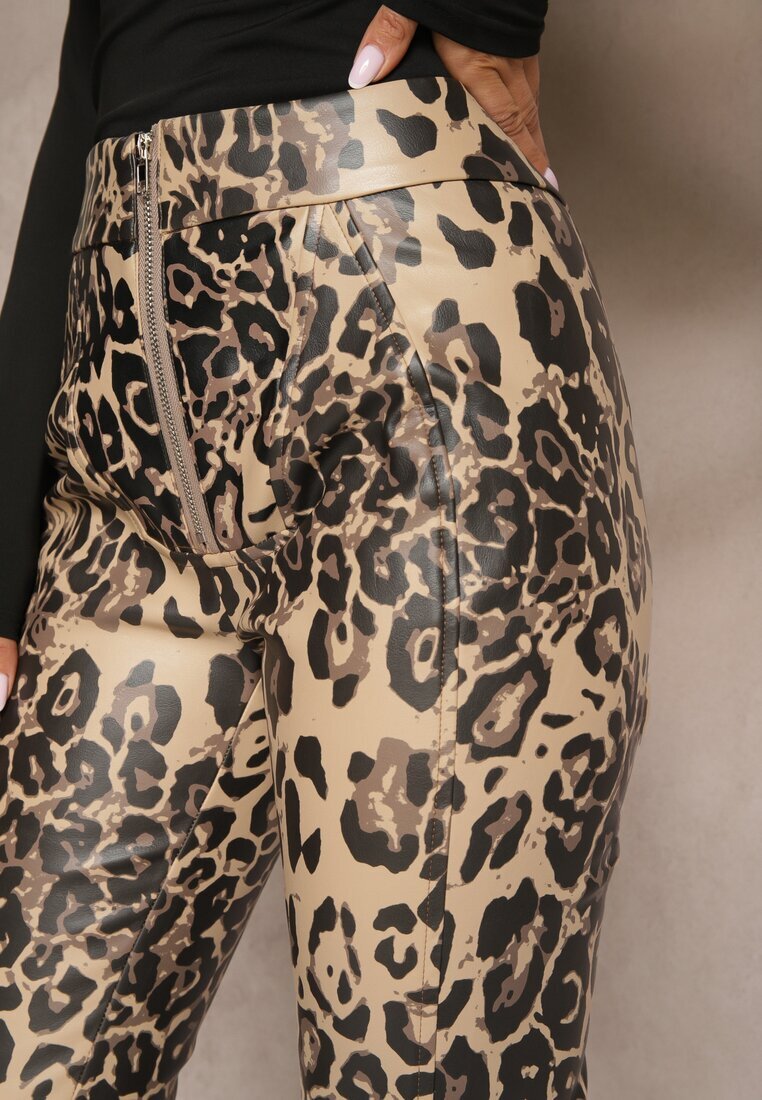  Pantaloni Bej-Negru leopard cu talie înaltă din piele ecologică cu fermoar decorativ și căptușeală Ilanilith
