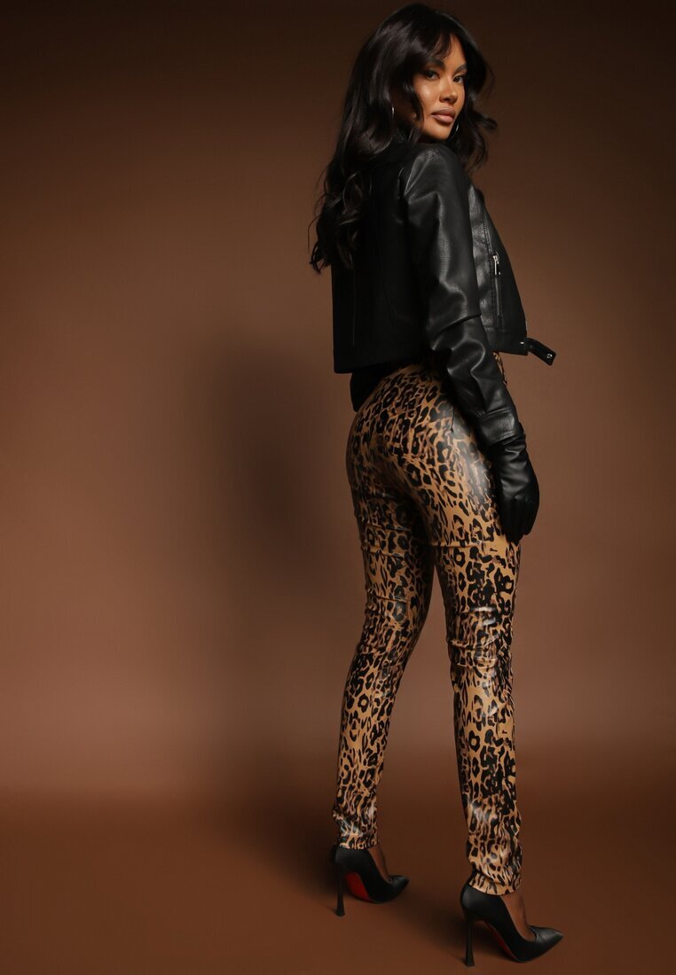  Pantaloni Maro cu imprimeu leopard Talie înaltă din piele ecologică cu fermoar decorativ și căptușeală Ilanilith