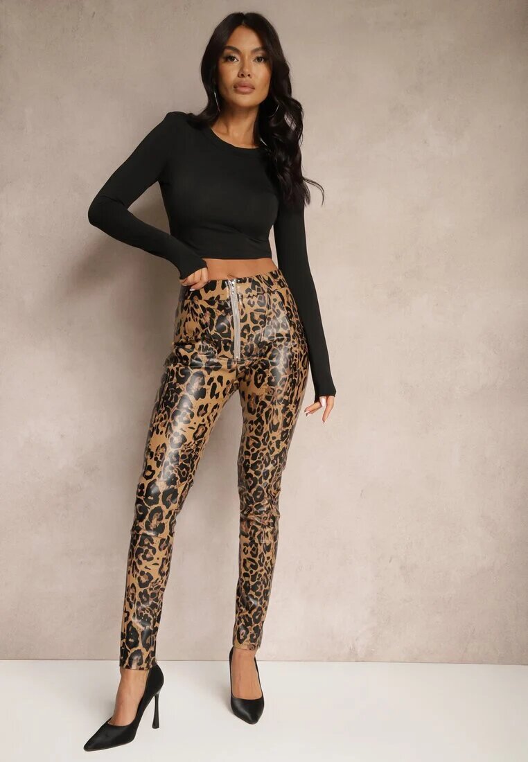  Pantaloni Maro cu imprimeu leopard Talie înaltă din piele ecologică cu fermoar decorativ și căptușeală Ilanilith