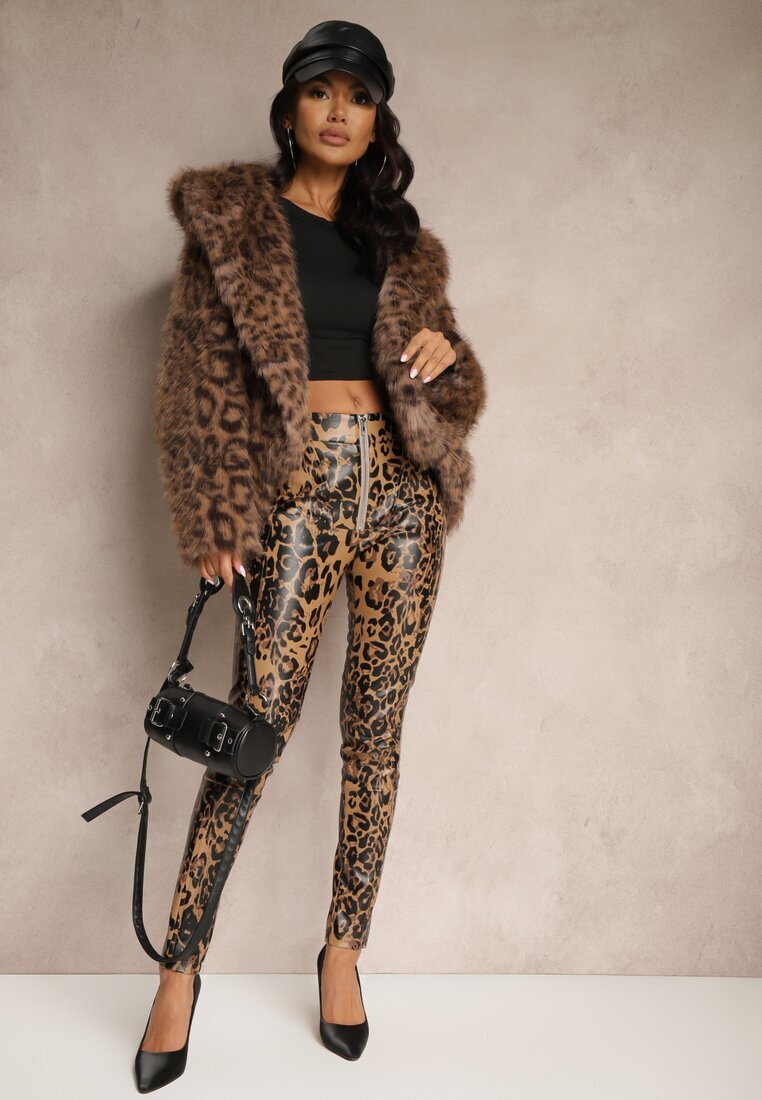  Pantaloni Maro cu imprimeu leopard Talie înaltă din piele ecologică cu fermoar decorativ și căptușeală Ilanilith