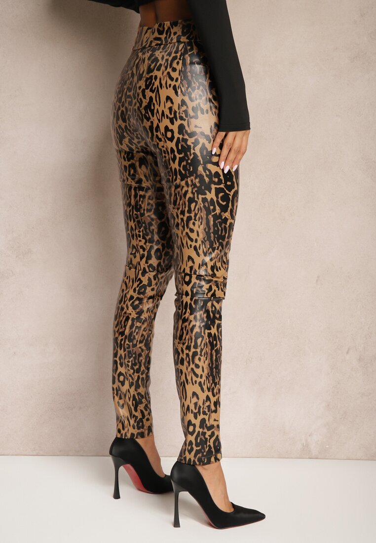  Pantaloni Maro cu imprimeu leopard Talie înaltă din piele ecologică cu fermoar decorativ și căptușeală Ilanilith
