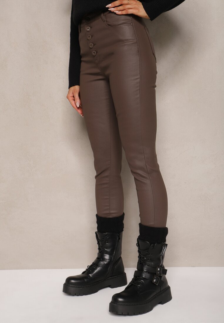  Pantaloni Maro Modelatori din Piele Ecologică Croi Skinny Caetana