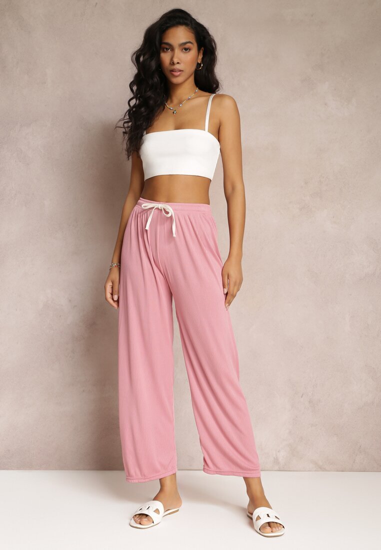  Pantaloni Roz Largi cu Elastic încrețit și Șnur Feliti