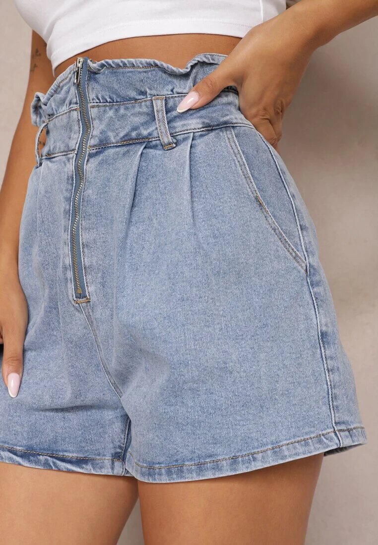  Pantaloni scurți din denim albaștri din bumbac High Waist Finisați cu cusături Merceria