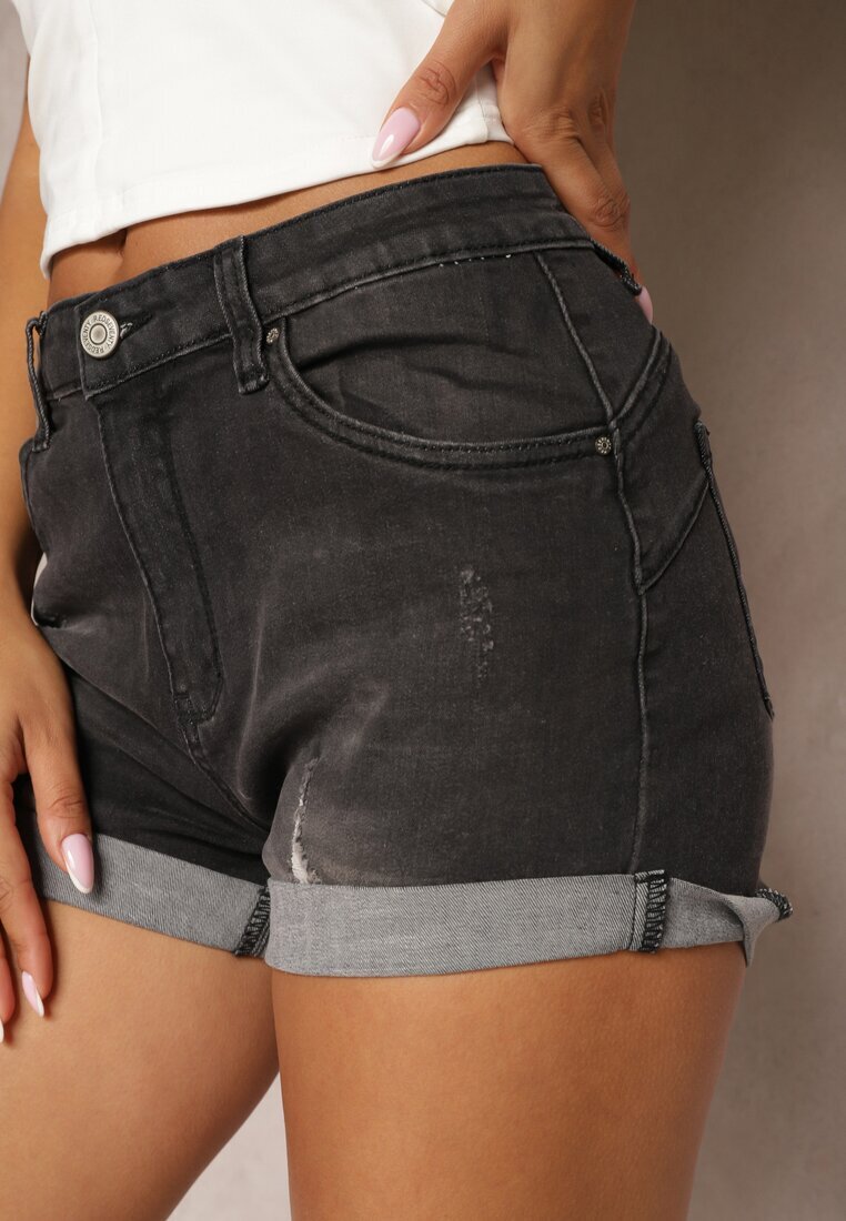  Pantaloni scurți Negri Din denim Push Up cu Viscoză și Bumbac Talie înaltă cu Decupaje Vimillda