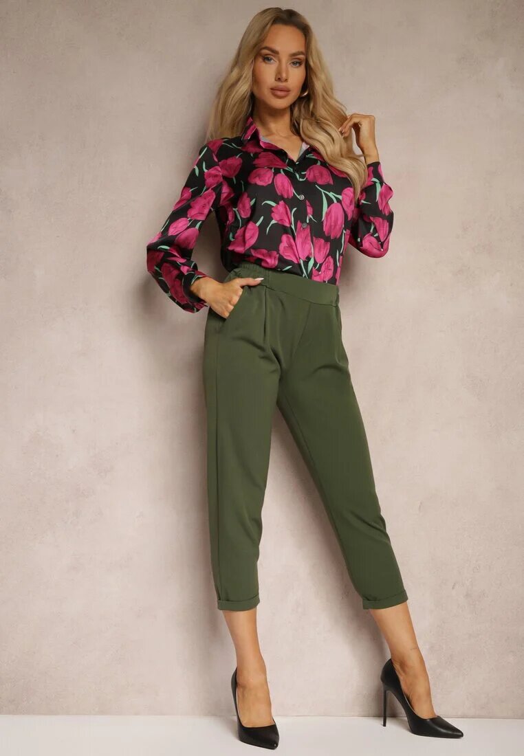  Pantaloni Verzi de trei sferturi cu buzunare și elastic în talie Saivon