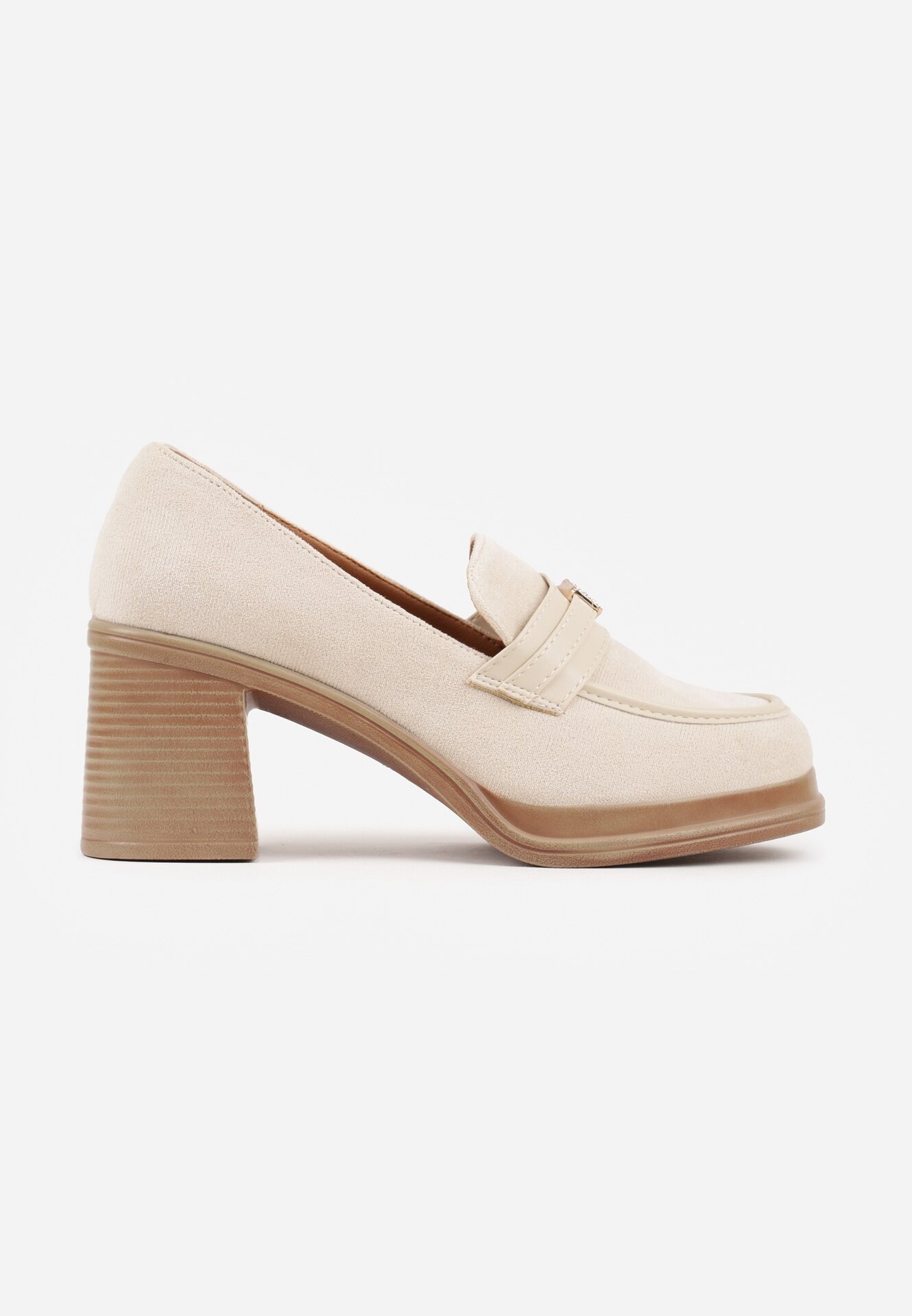 Pantofi Bej în stil mocasin cu toc gros și cataramă Amledis