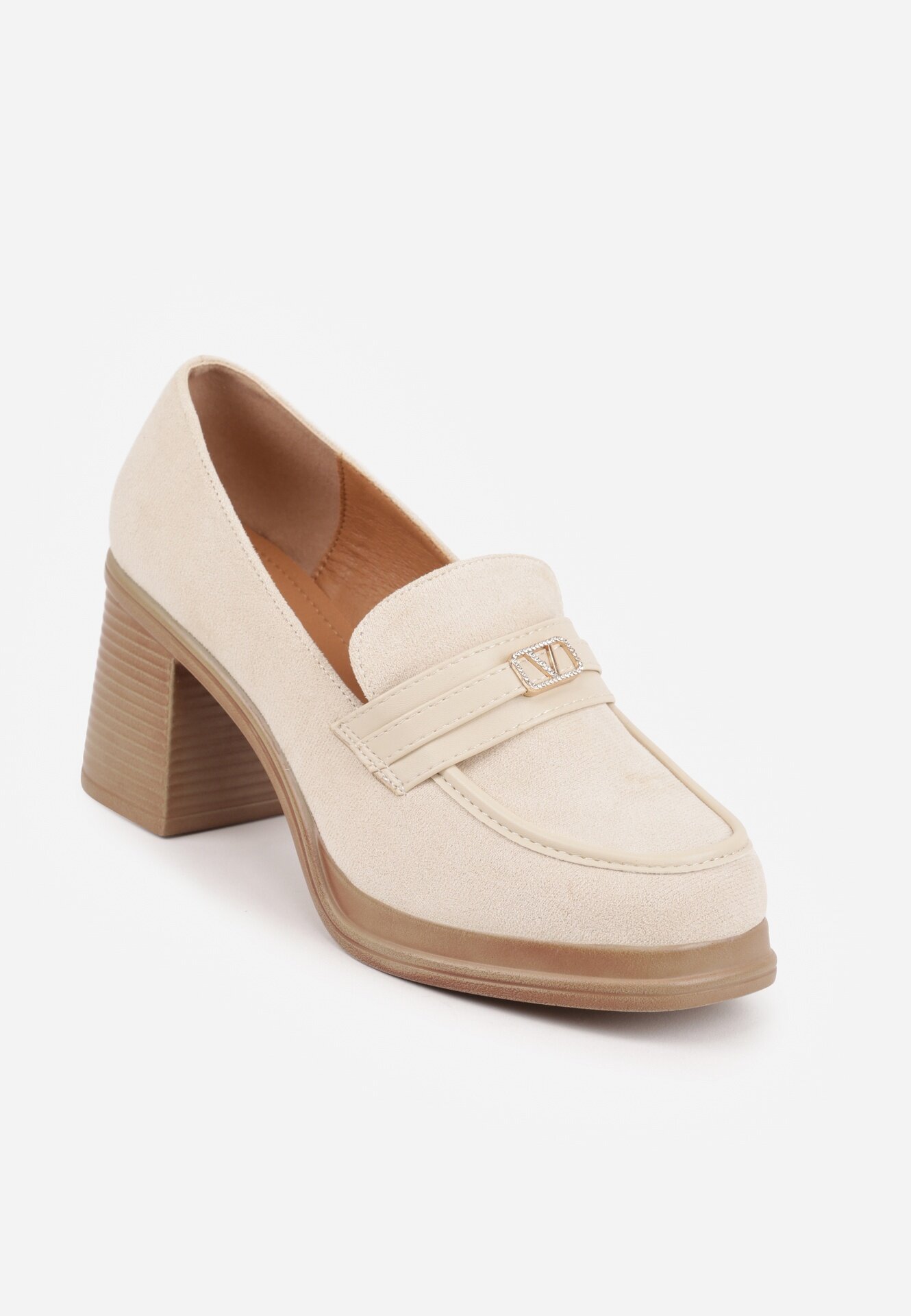 Pantofi Bej în stil mocasin cu toc gros și cataramă Amledis