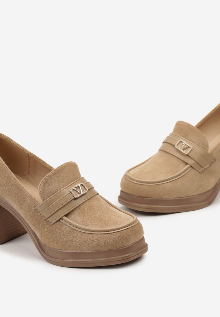  Pantofi Bej închis Stil mocasin cu toc gros cu cataramă Amledis