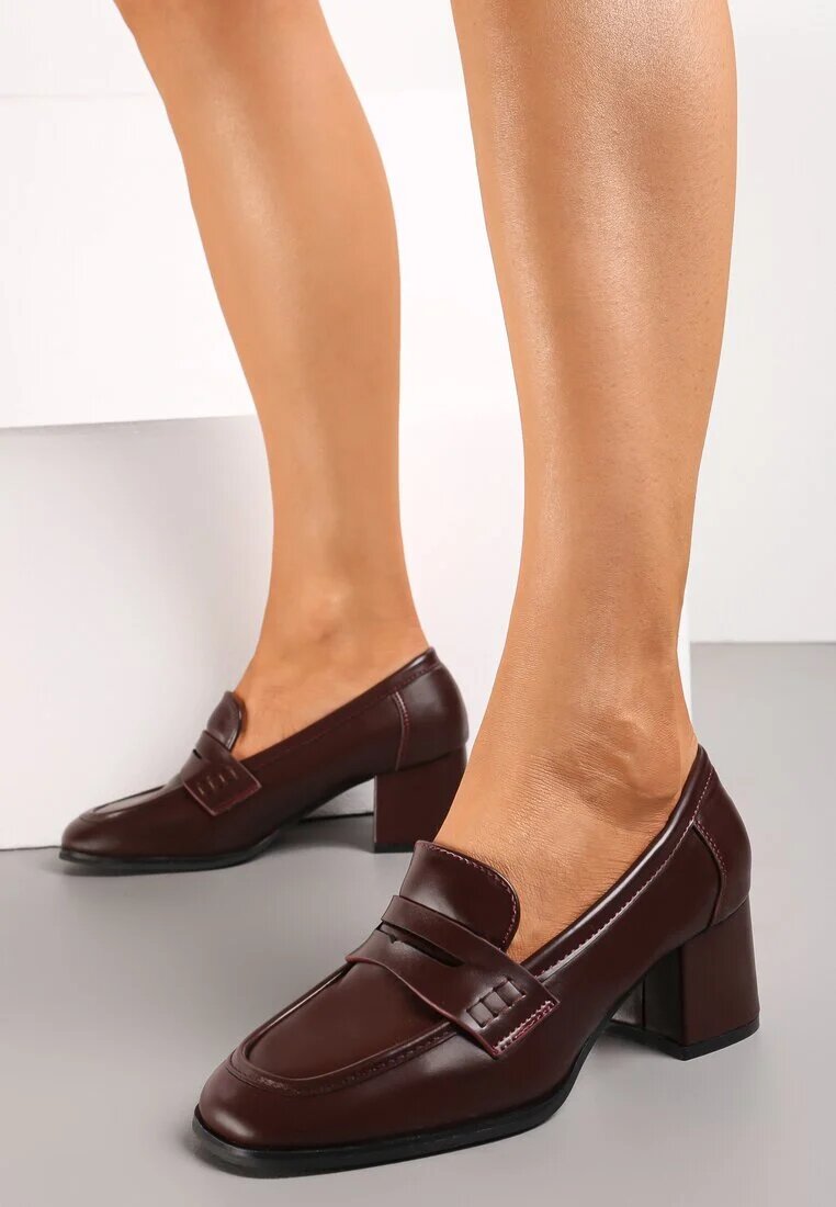  Pantofi Bordeaux cu toc bloc jos cu baretă decorativă și vârf pătrat Porride