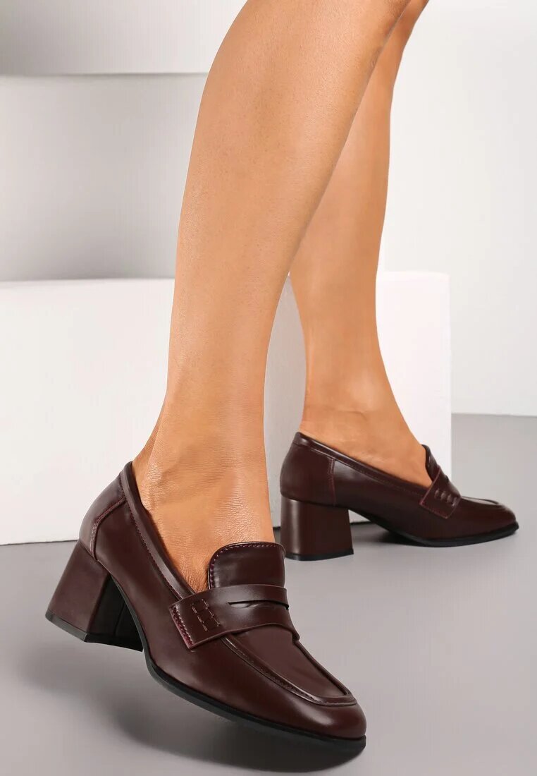  Pantofi Bordeaux cu toc bloc jos cu baretă decorativă și vârf pătrat Porride