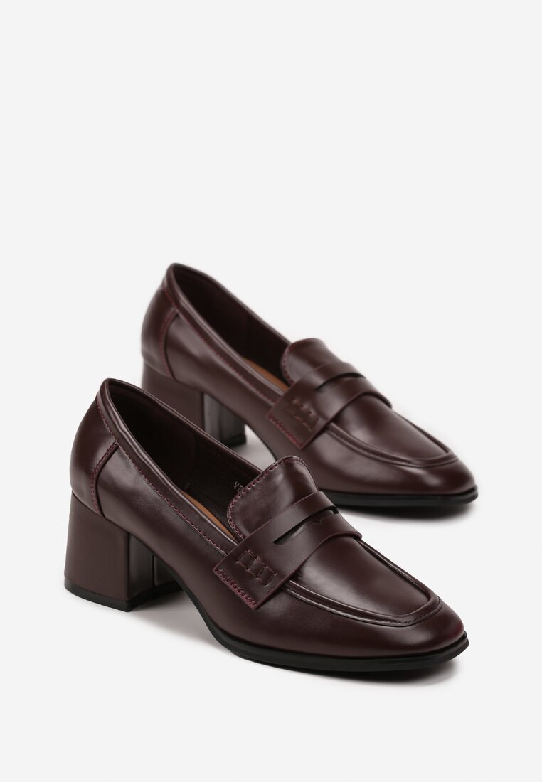  Pantofi Bordeaux cu toc bloc jos cu baretă decorativă și vârf pătrat Porride