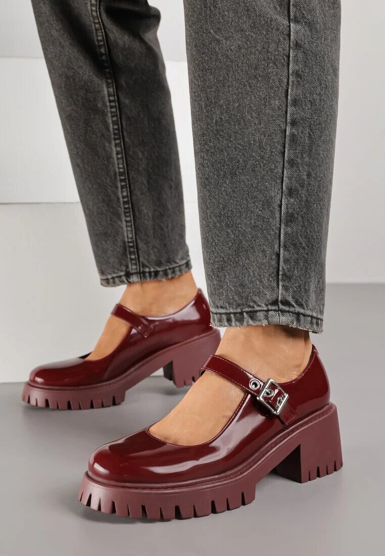  Pantofi Bordo Mary Jane cu toc gros și platformă embosată Evanelle