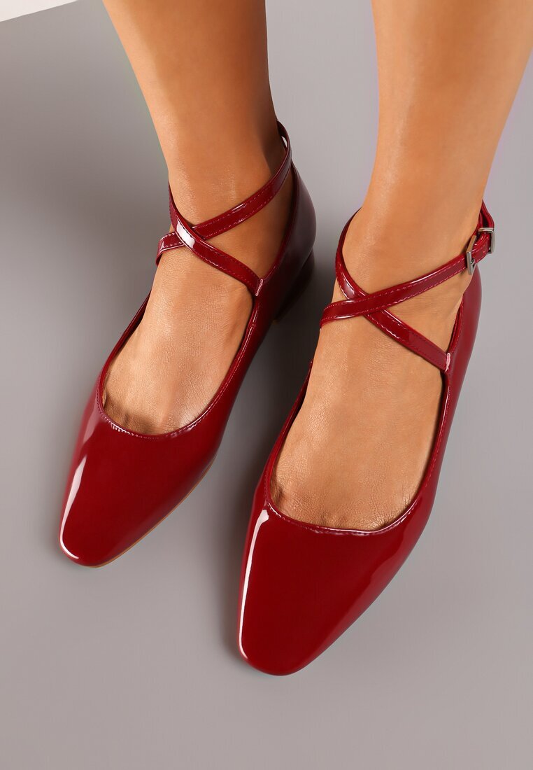  Pantofi clasici Bordo lăcuiți cu talpă plată și barete decorative Haranivia