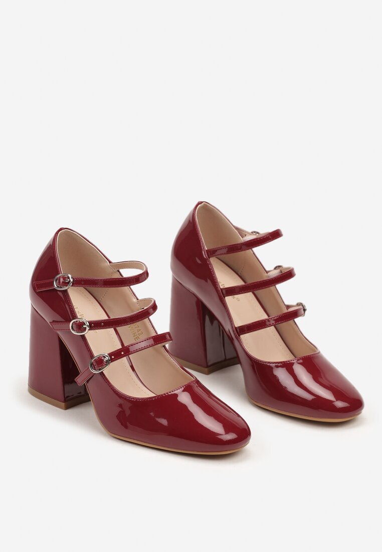  Pantofi cu toc Bordeaux lăcuiți cu toc gros decorați cu catarame și barete Eliviera