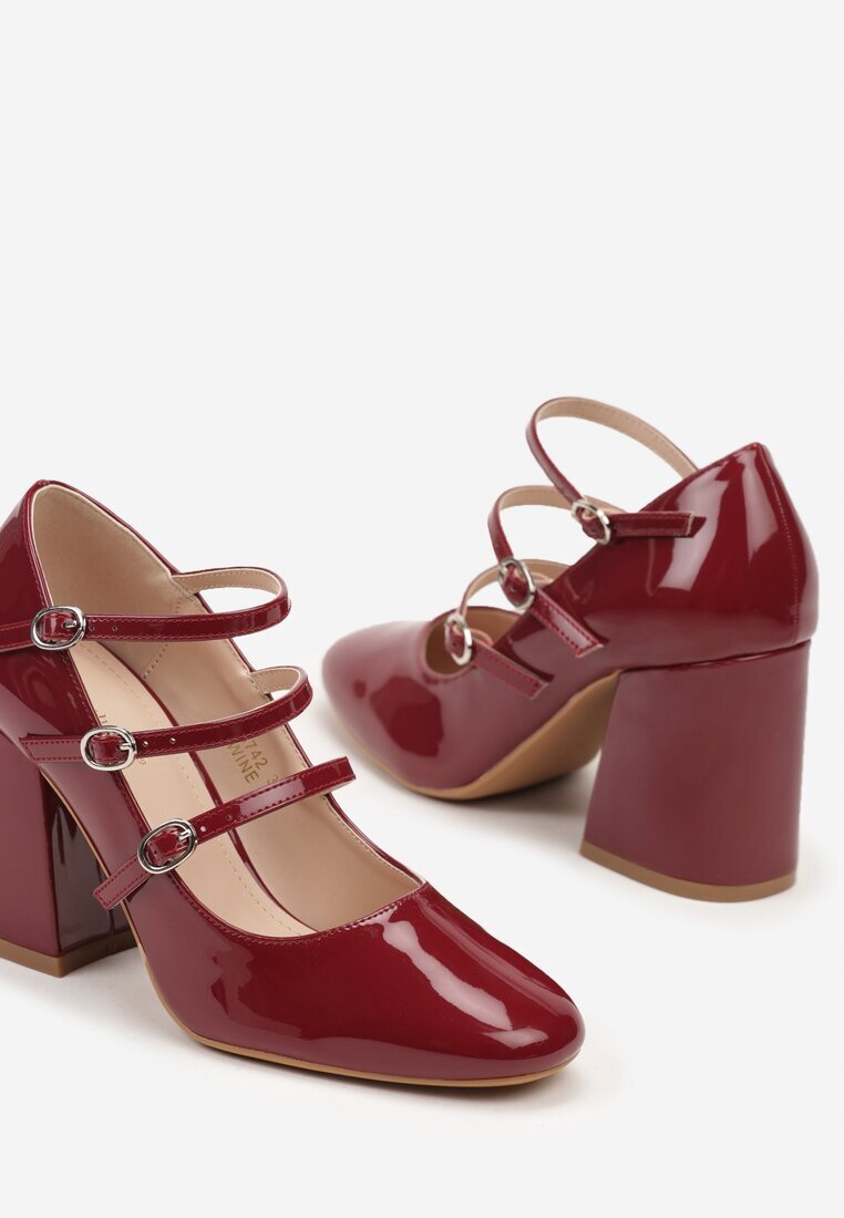  Pantofi cu toc Bordeaux lăcuiți cu toc gros decorați cu catarame și barete Eliviera