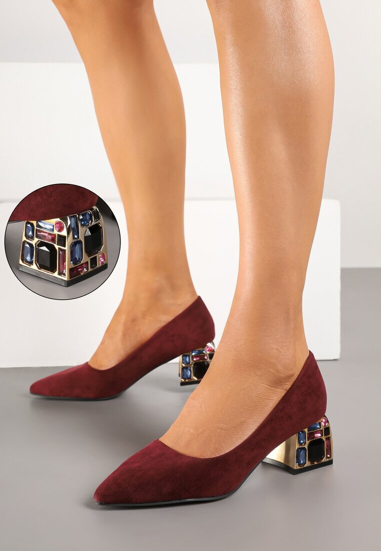  Pantofi cu toc gros Bordo decorați cu zirconii cu branț din piele Clesina