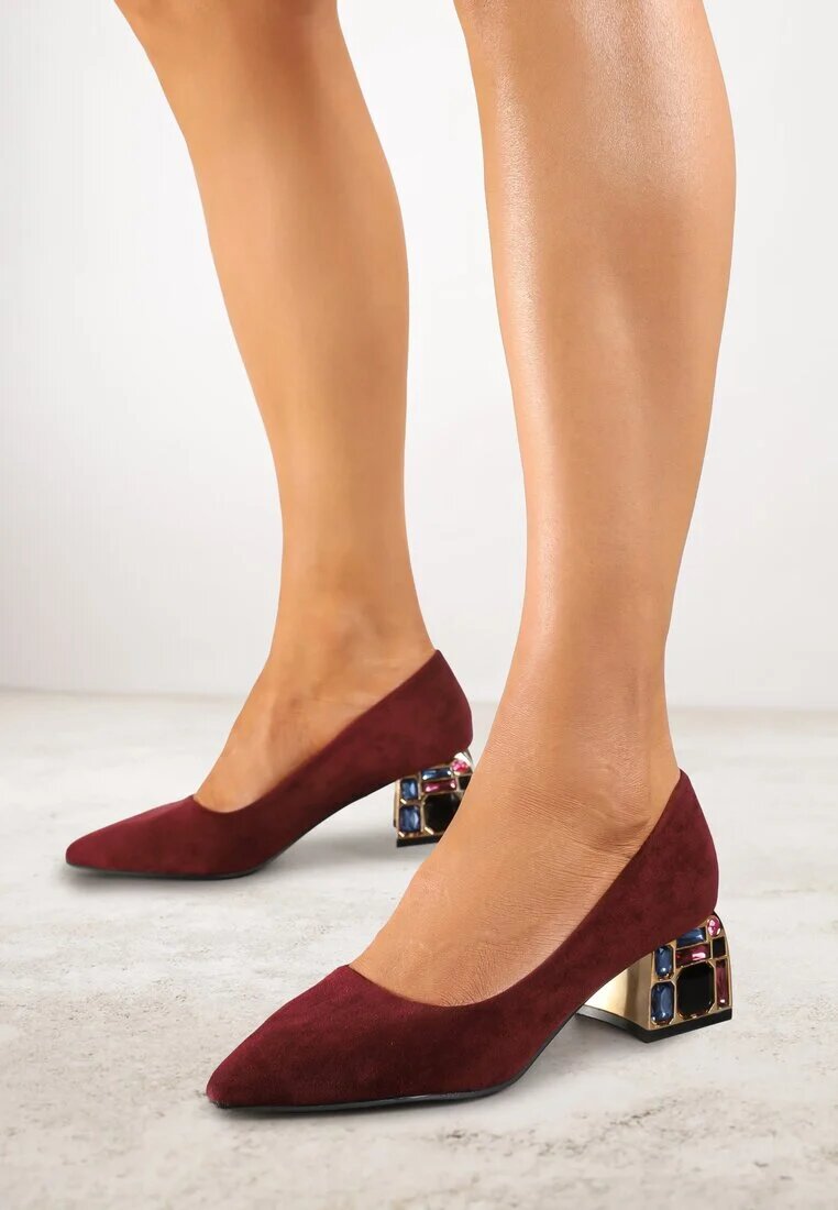  Pantofi cu toc gros Bordo decorați cu zirconii cu branț din piele Clesina