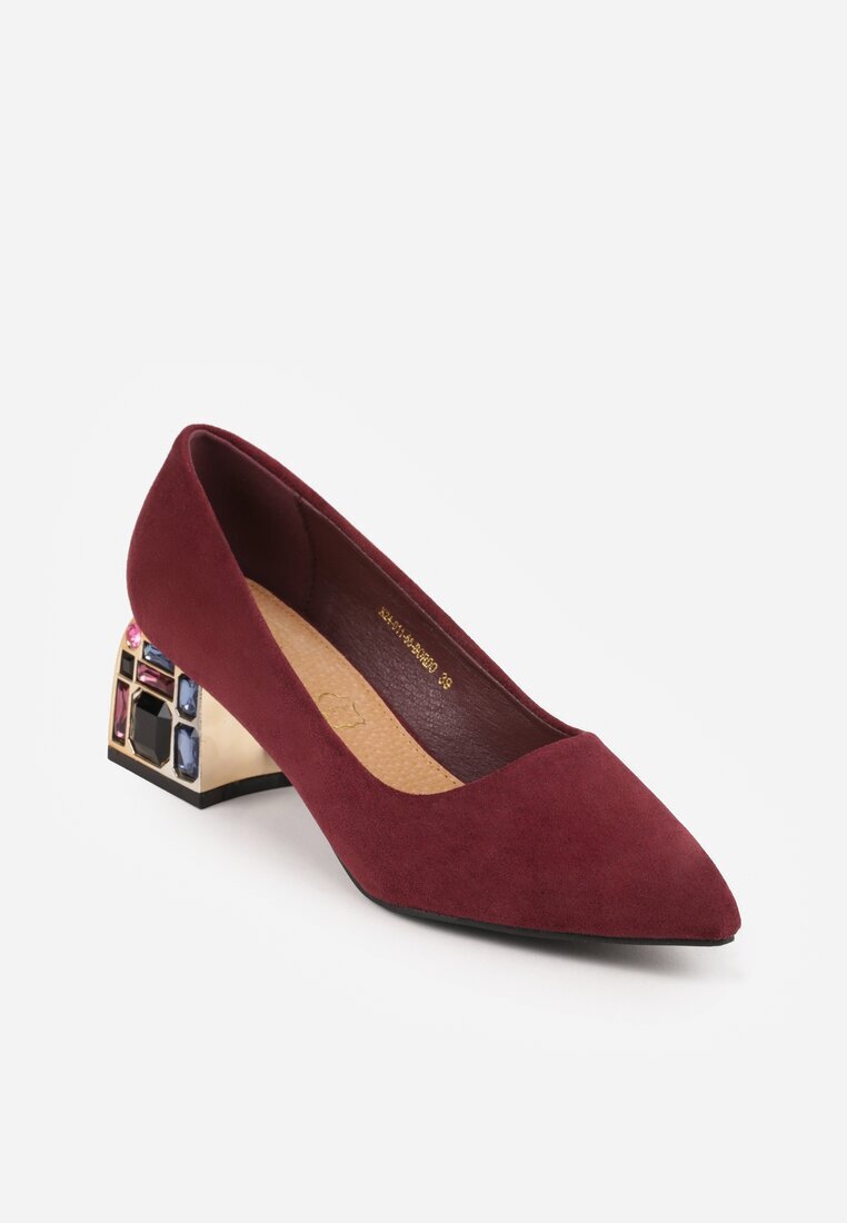  Pantofi cu toc gros Bordo decorați cu zirconii cu branț din piele Clesina