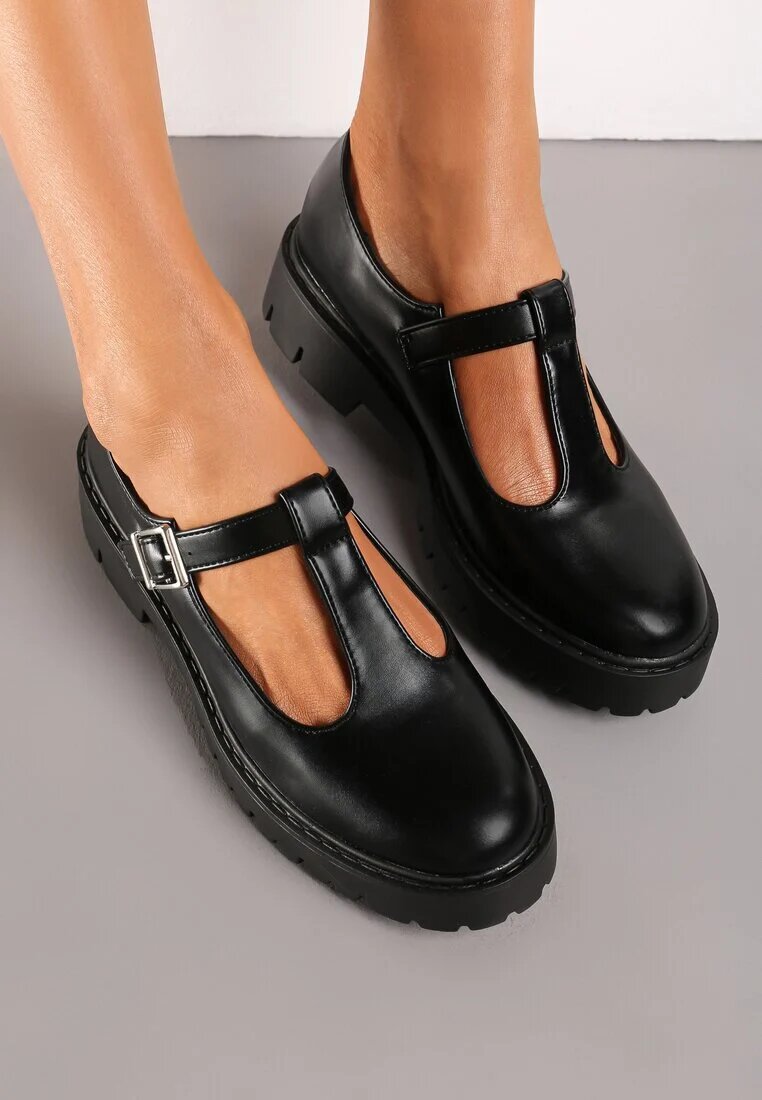  Pantofi josi Negri din Piele ecologică cu Toc plat cu Cataramă Frisena