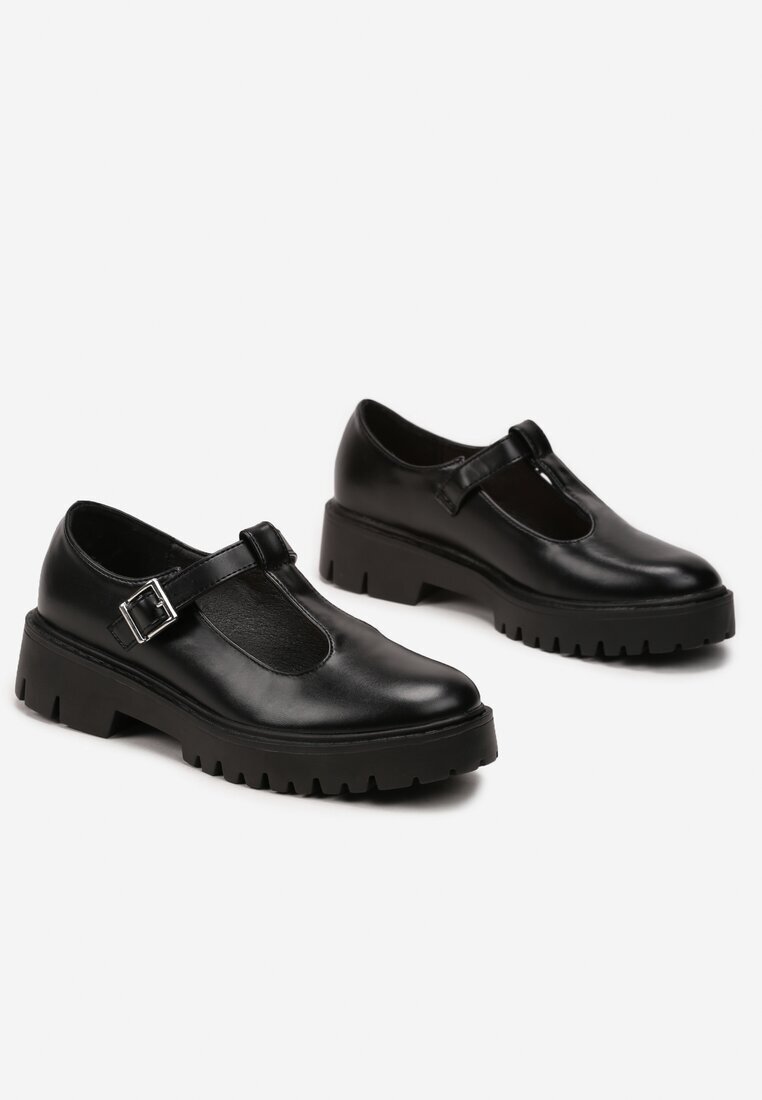  Pantofi josi Negri din Piele ecologică cu Toc plat cu Cataramă Frisena