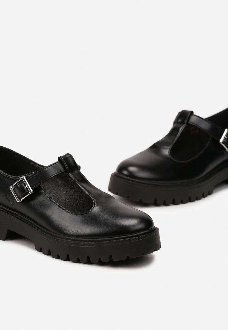  Pantofi josi Negri din Piele ecologică cu Toc plat cu Cataramă Frisena